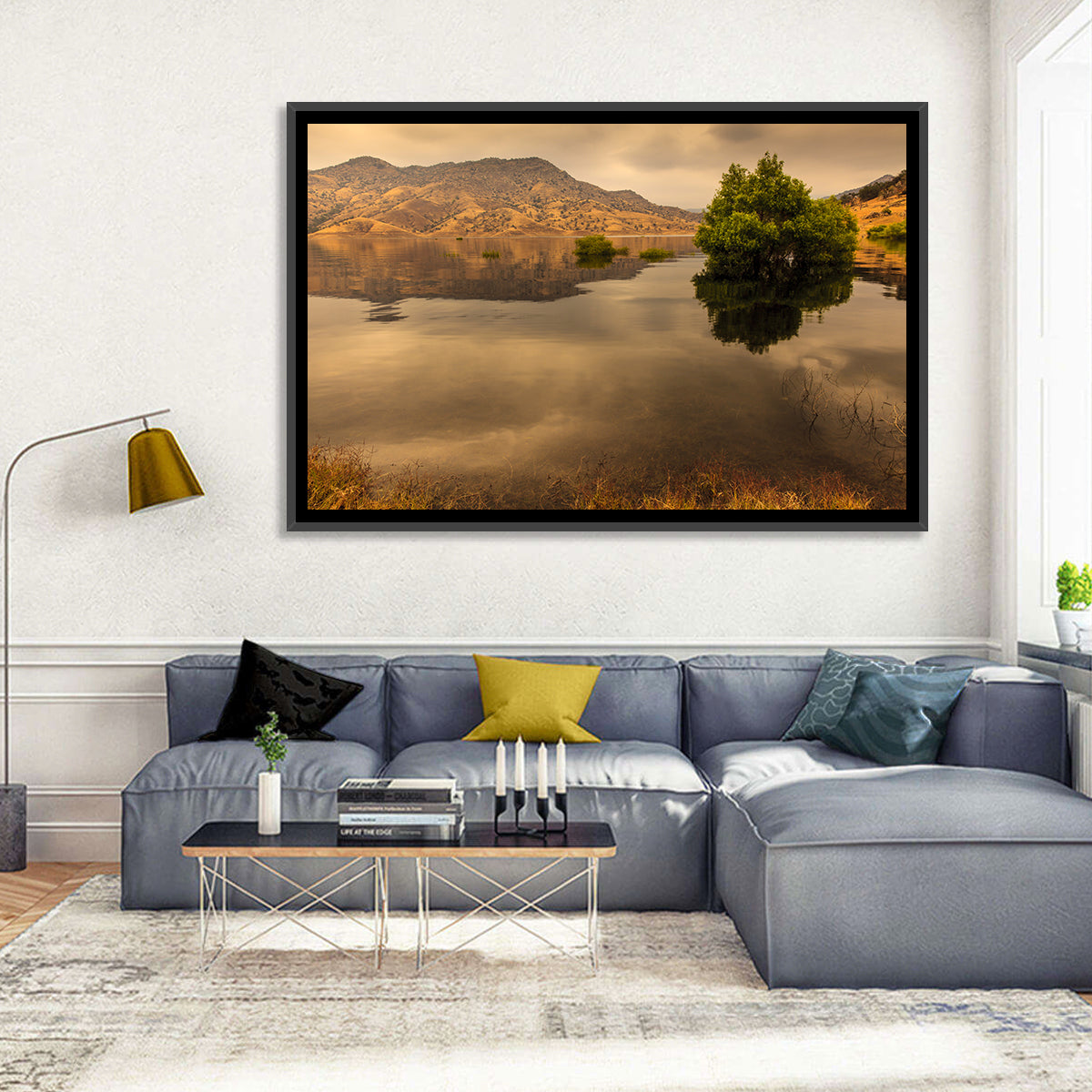 Lake Kaweah Golden Hour Reflection Wall Art in a room, landscape