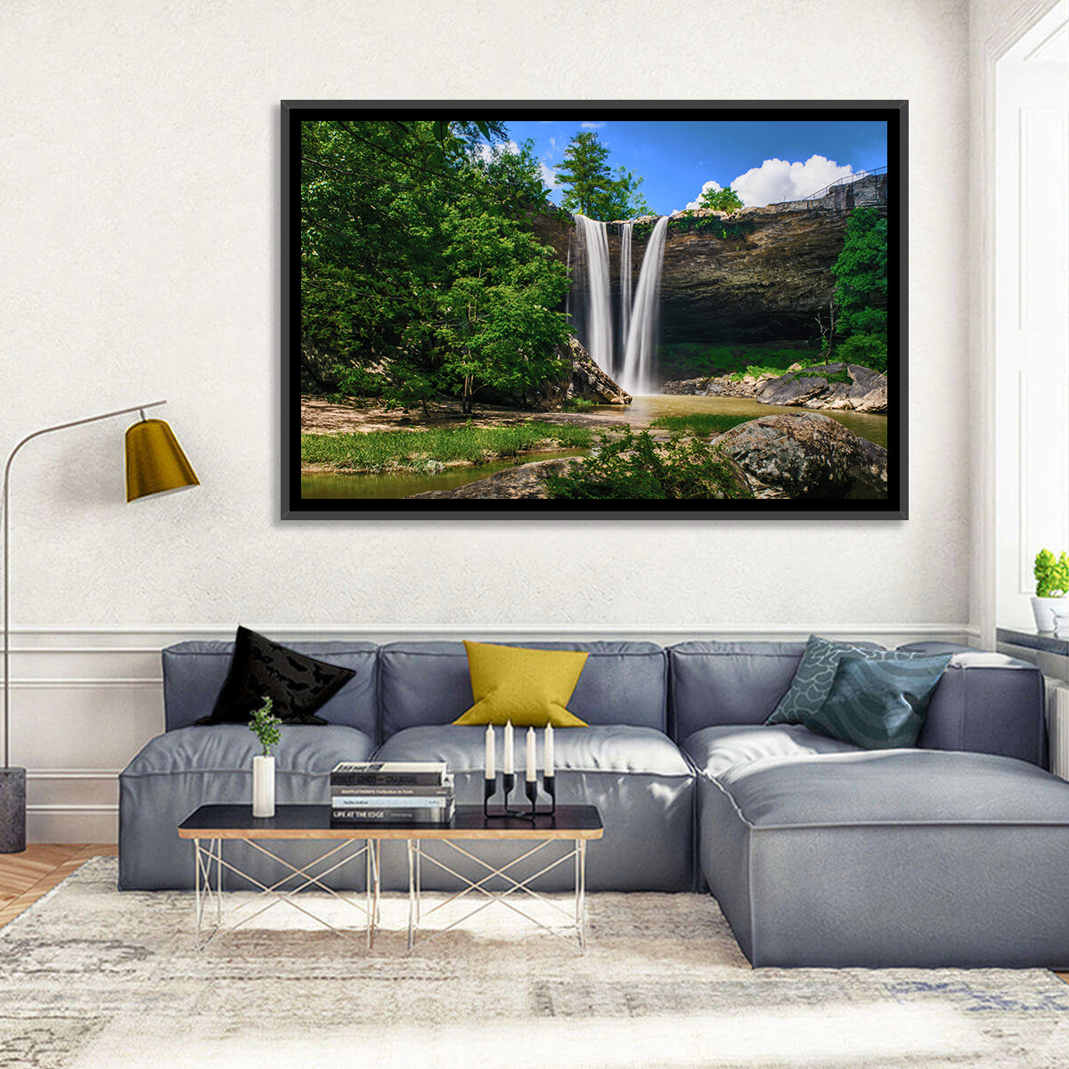 Noccalula Falls Waterfall in Daylight Wall Art in a room, landscape
