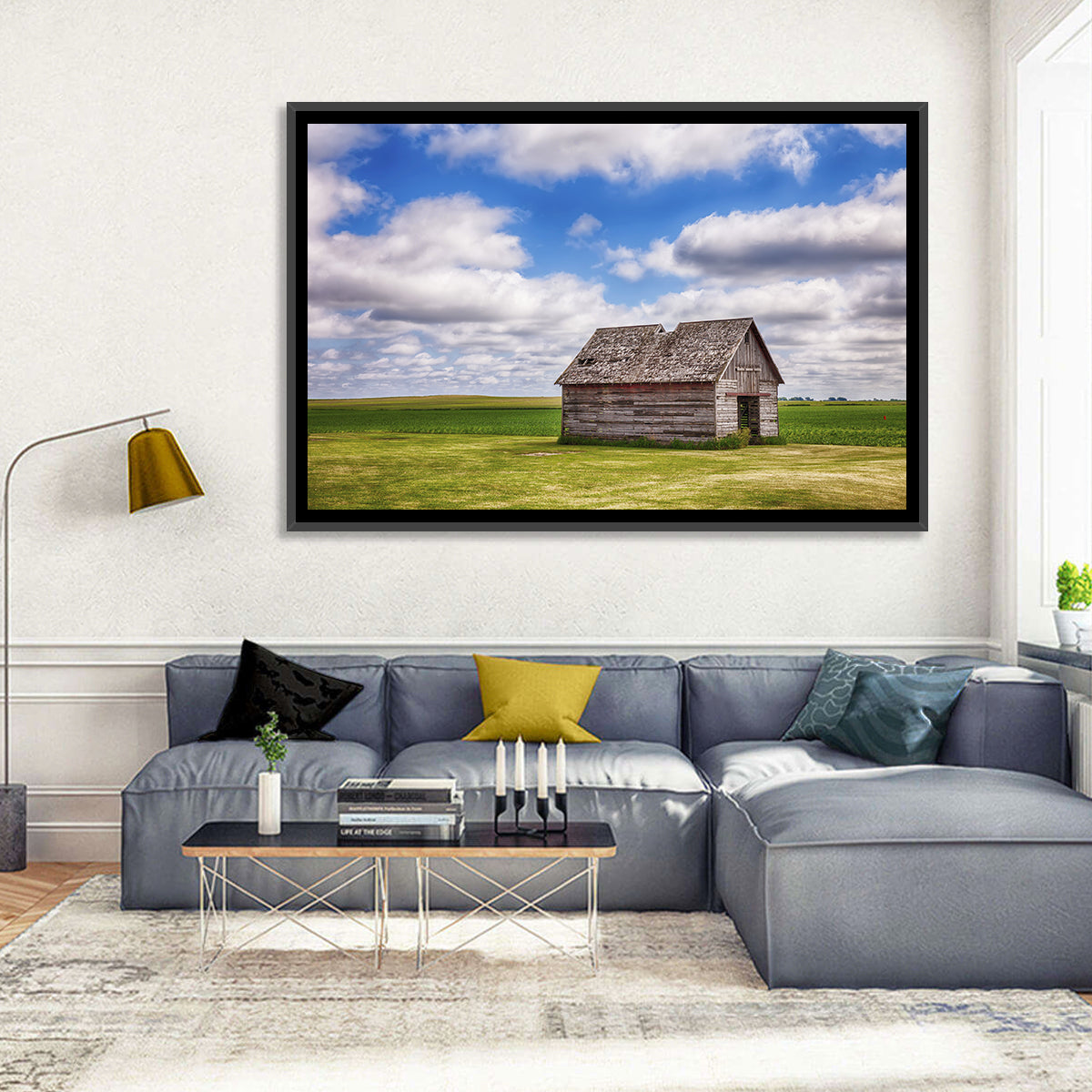 Old Farm Shed in Field Wall Art in a room, landscape