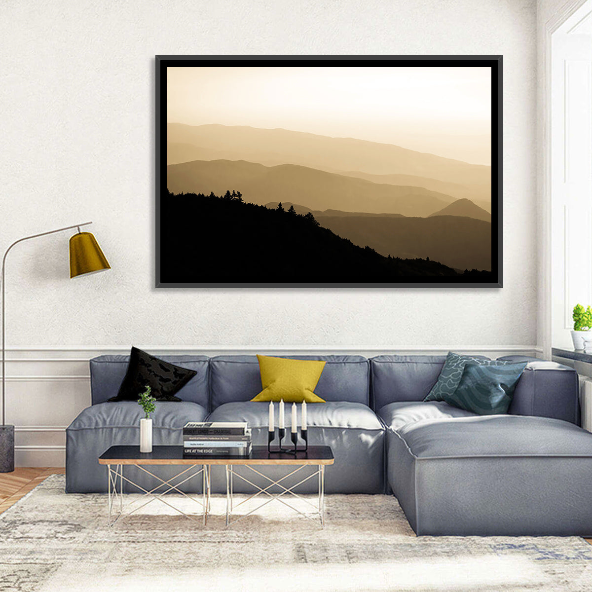 Foggy Mountain Sunset with Evergreen Silhouettes Wall Art in a room, landscape