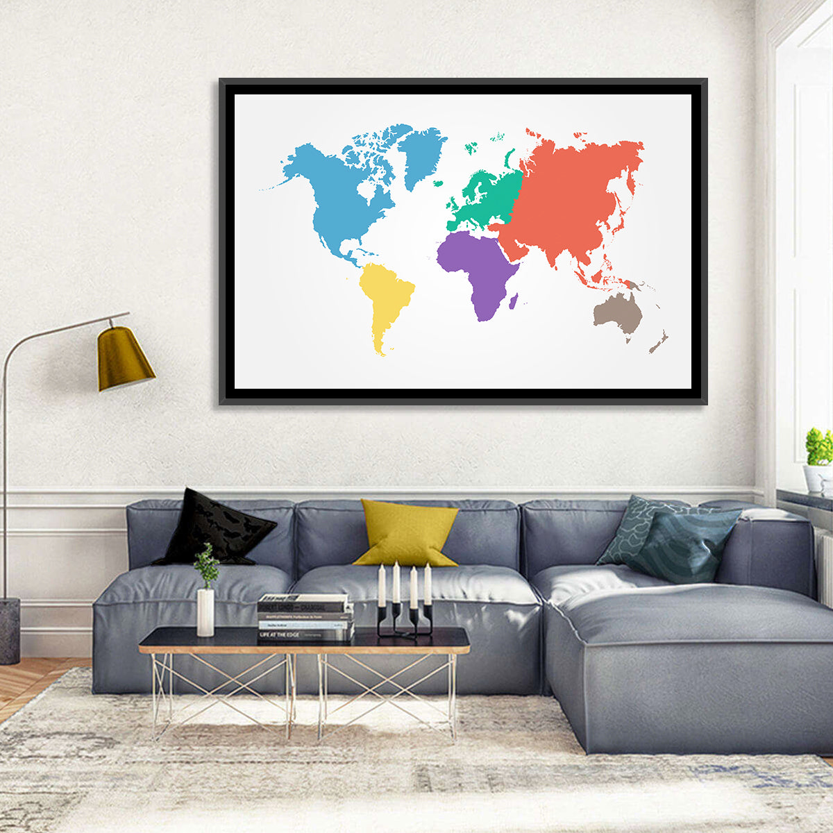 World Continents Map Wall Art in a room, landscape
