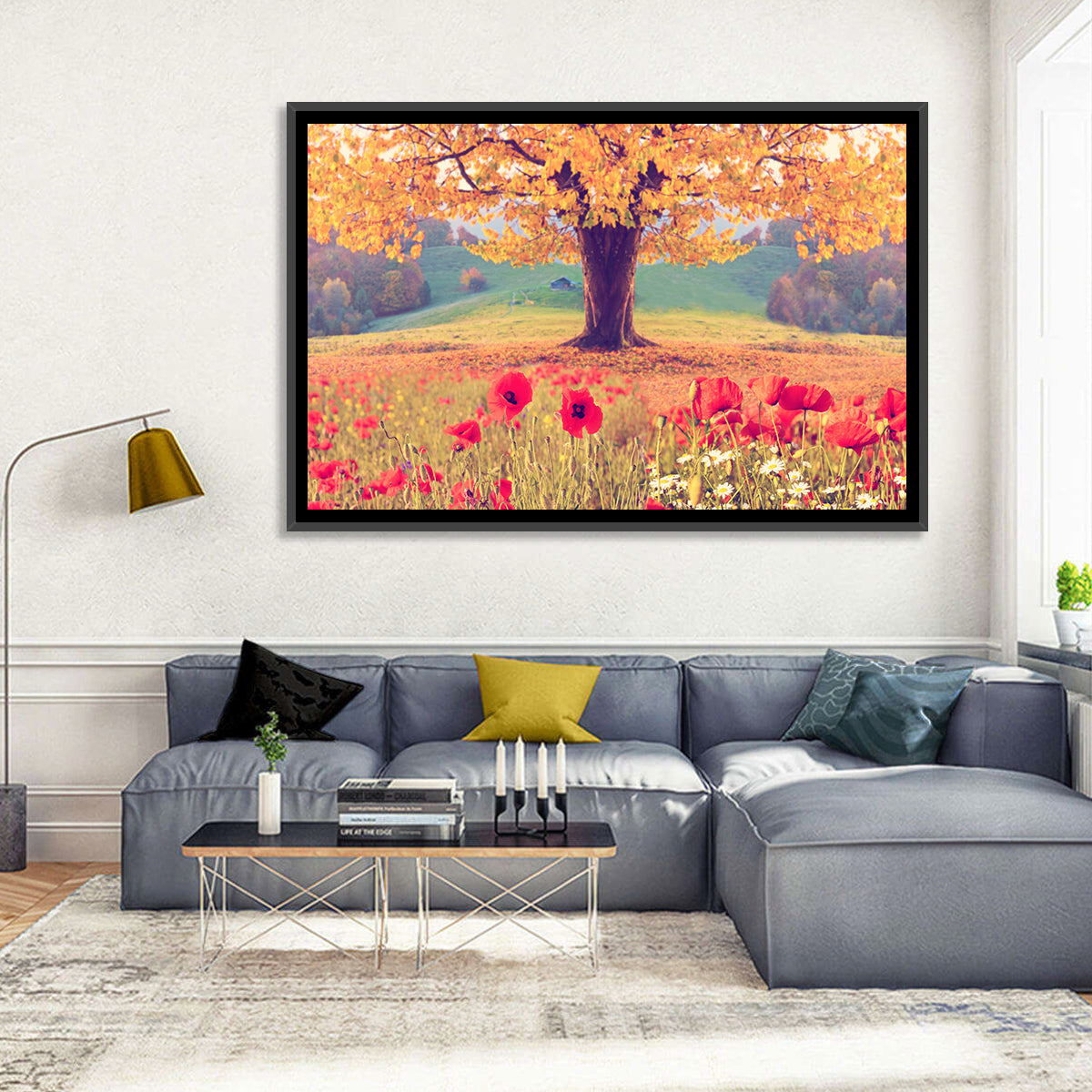 Autumn Tree and Poppy Field Wall Art in a room, landscape