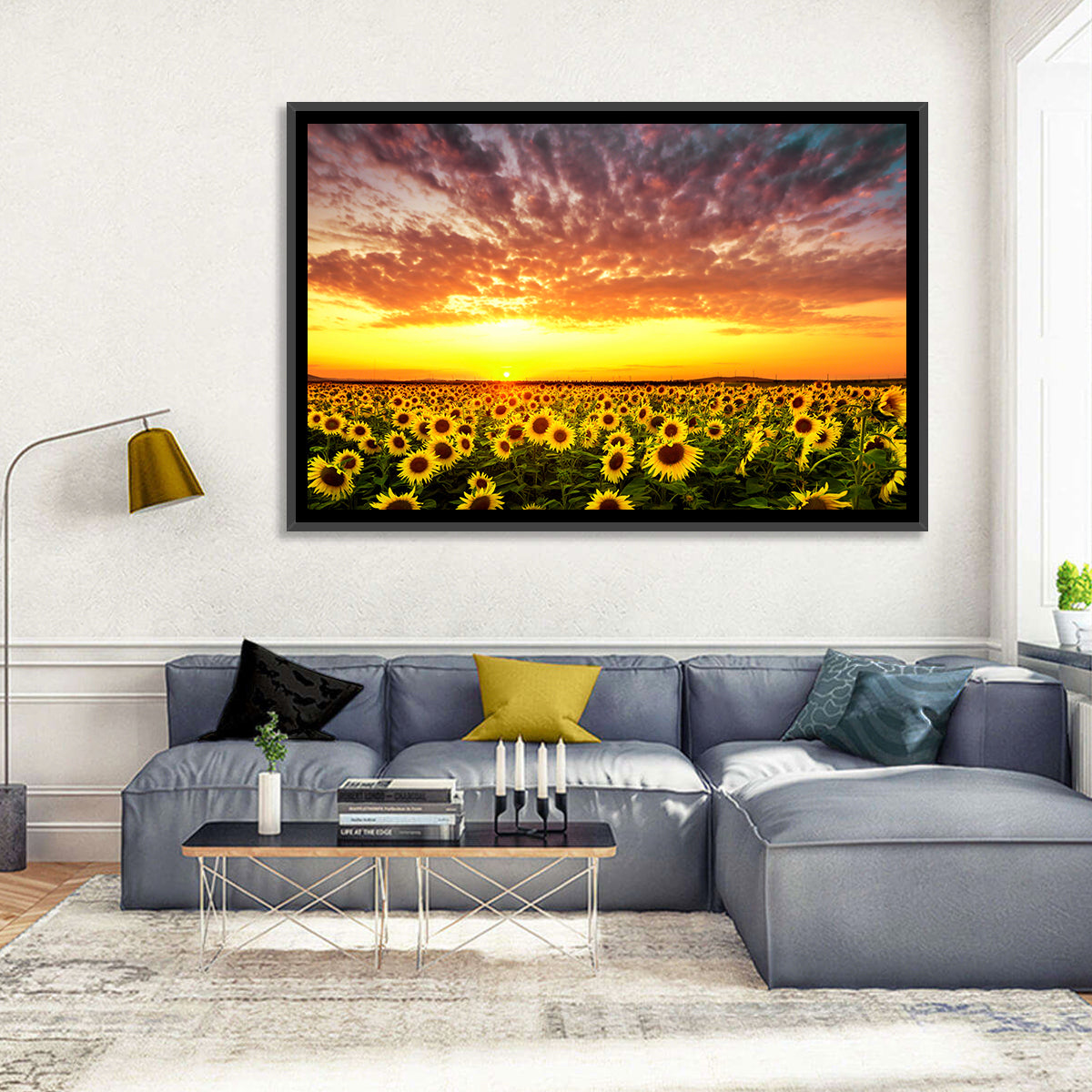Golden Hour Sunflower Field Wall Art in a room, landscape