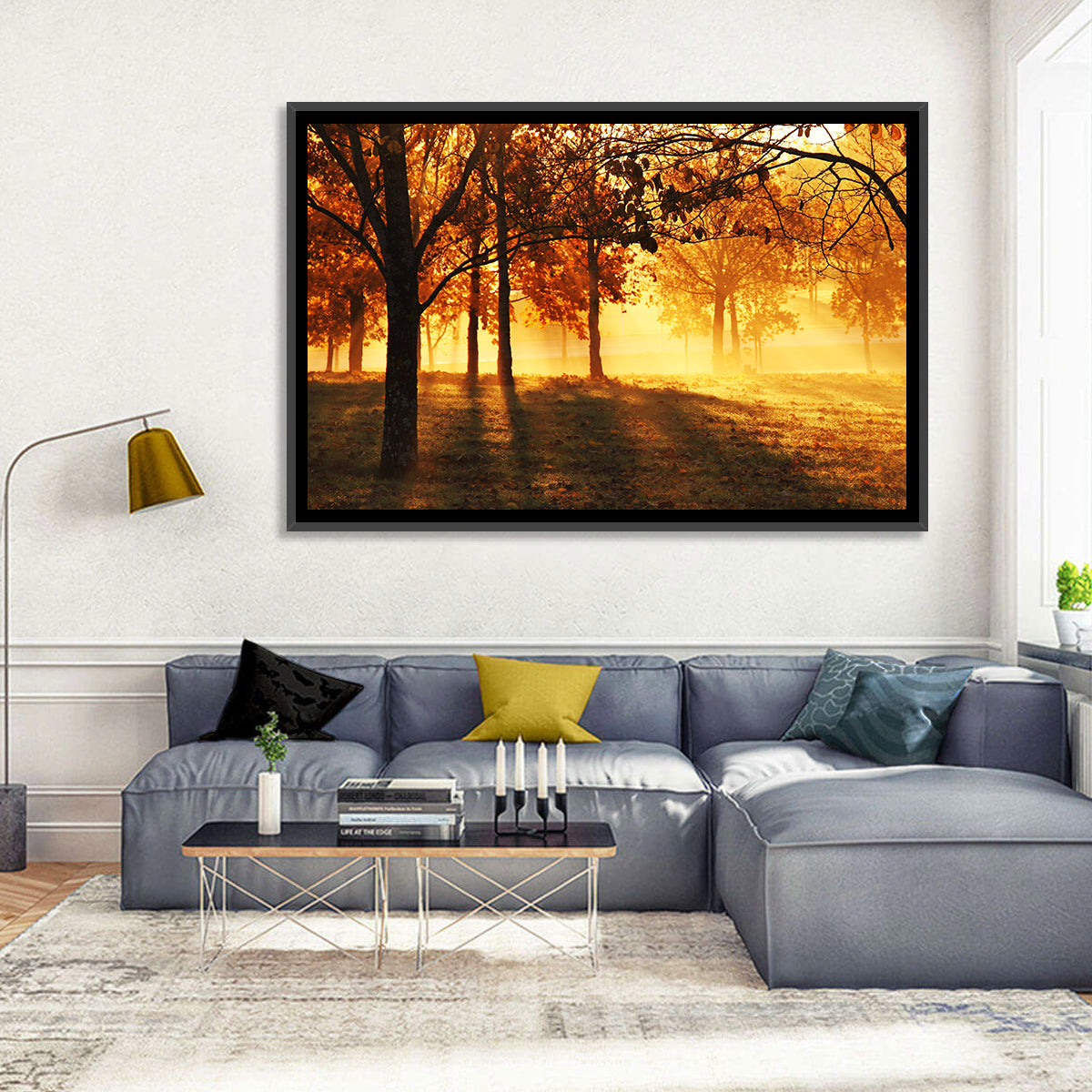 Autumn Sunbeams Through Fog Wall Art in a room, landscape