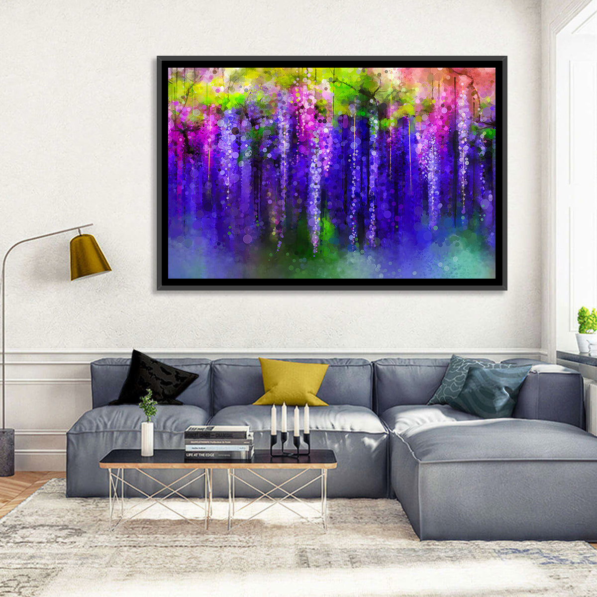 Dreamy Wisteria Vines Wall Art in a room, landscape