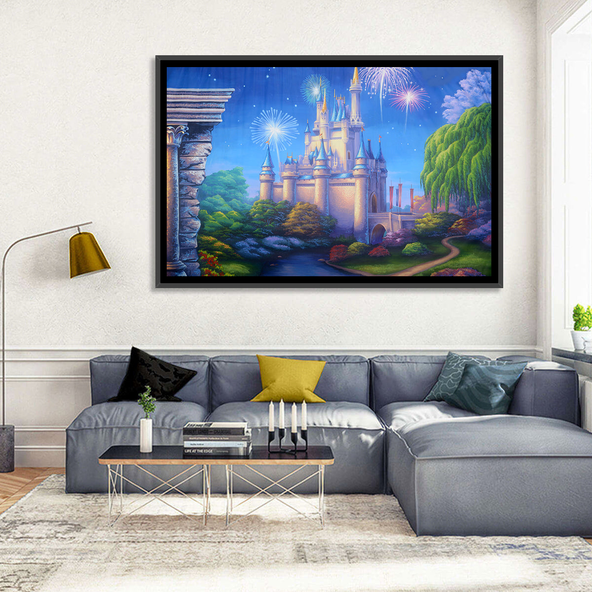 Cinderella Castle Fireworks Illustration Wall Art in a room, landscape