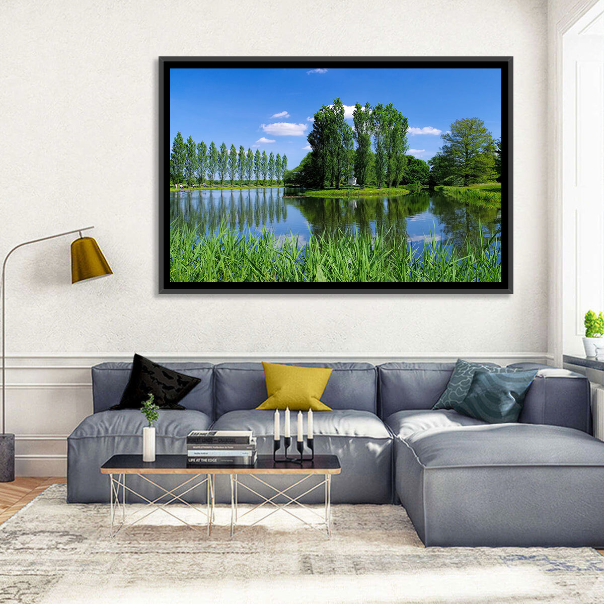 Woerlitz Rousseau Island Reflection Wall Art in a room, landscape