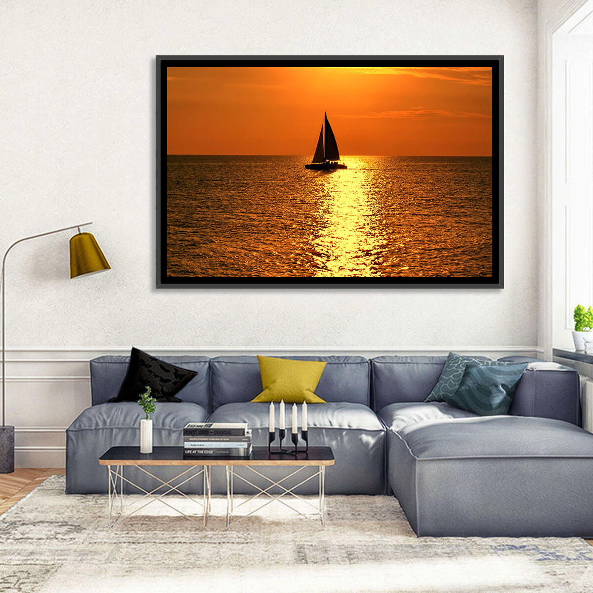 Sailboat Silhouette at Golden Sunset Wall Art in a room, landscape