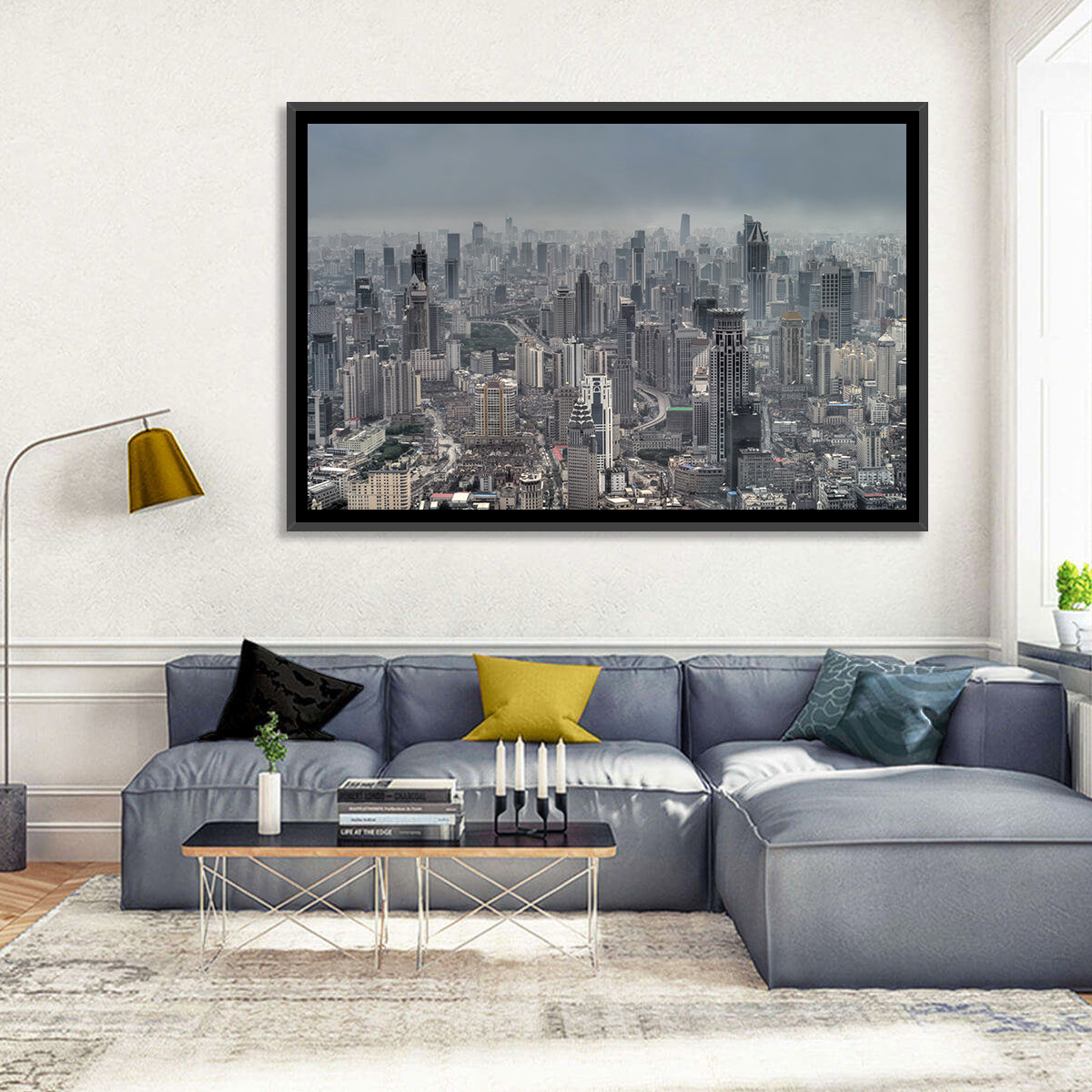 Shanghai Layered Skyline Wall Art in a room, landscape