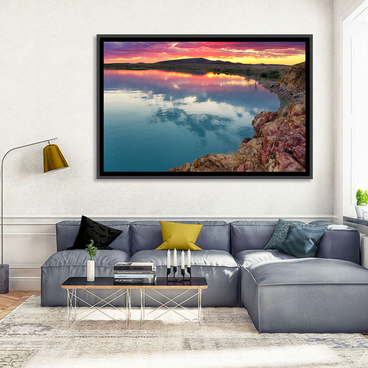 Lake Balkhash Sunset Reflection Wall Art in a room, landscape