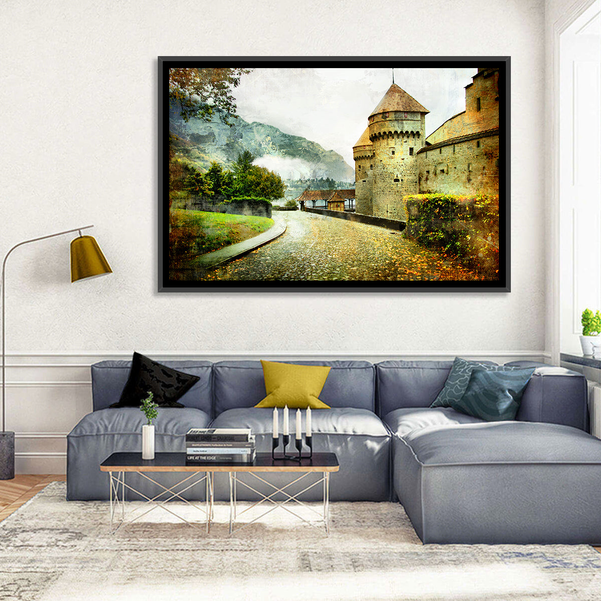 Autumn Approach to Chillon Castle Wall Art in a room, landscape