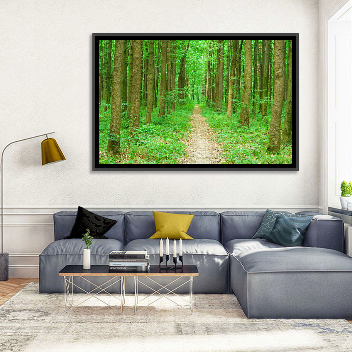 Green Forest Pathway Wall Art in a room, landscape
