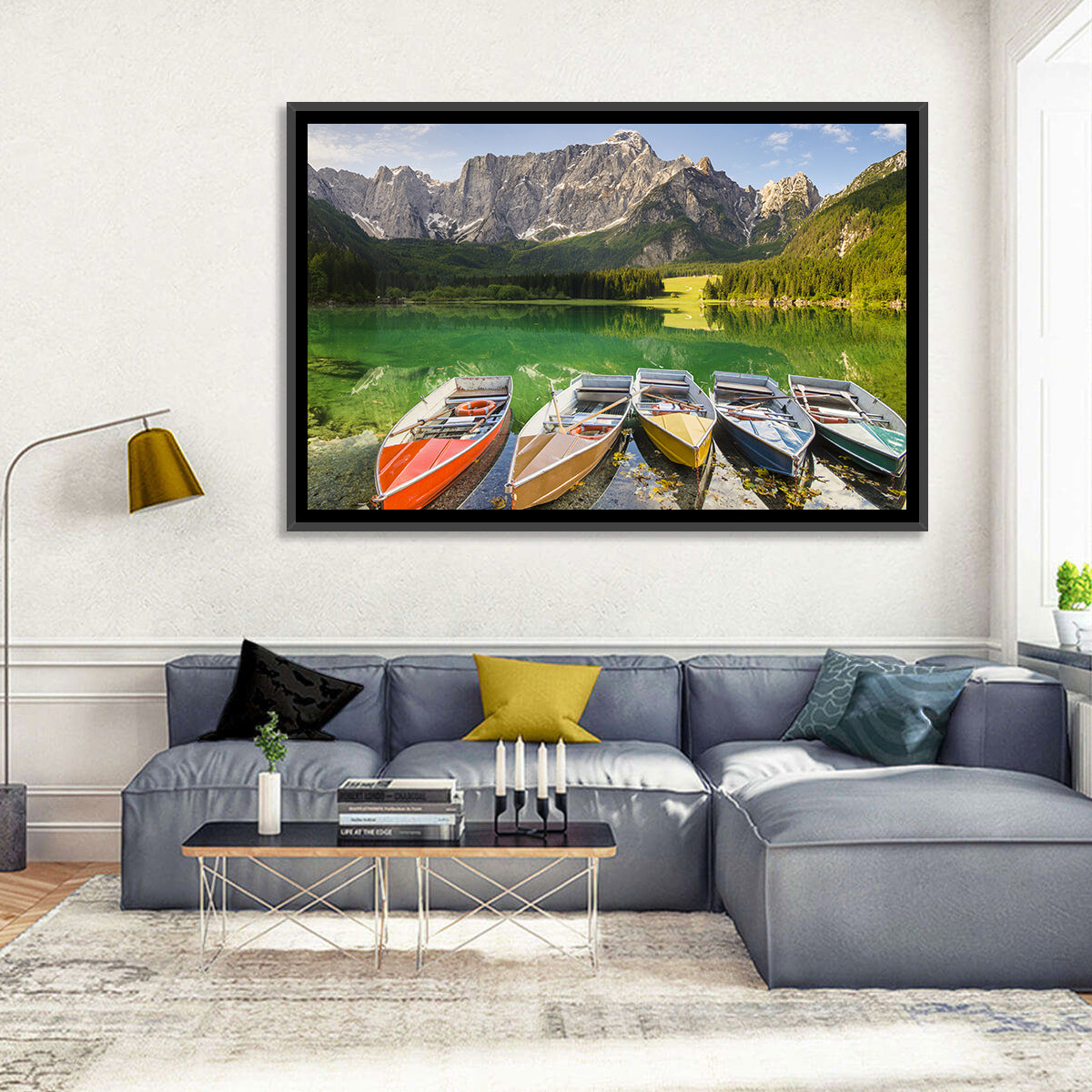 Five Boats at Lago Superiore Di Fusine Wall Art in a room, landscape