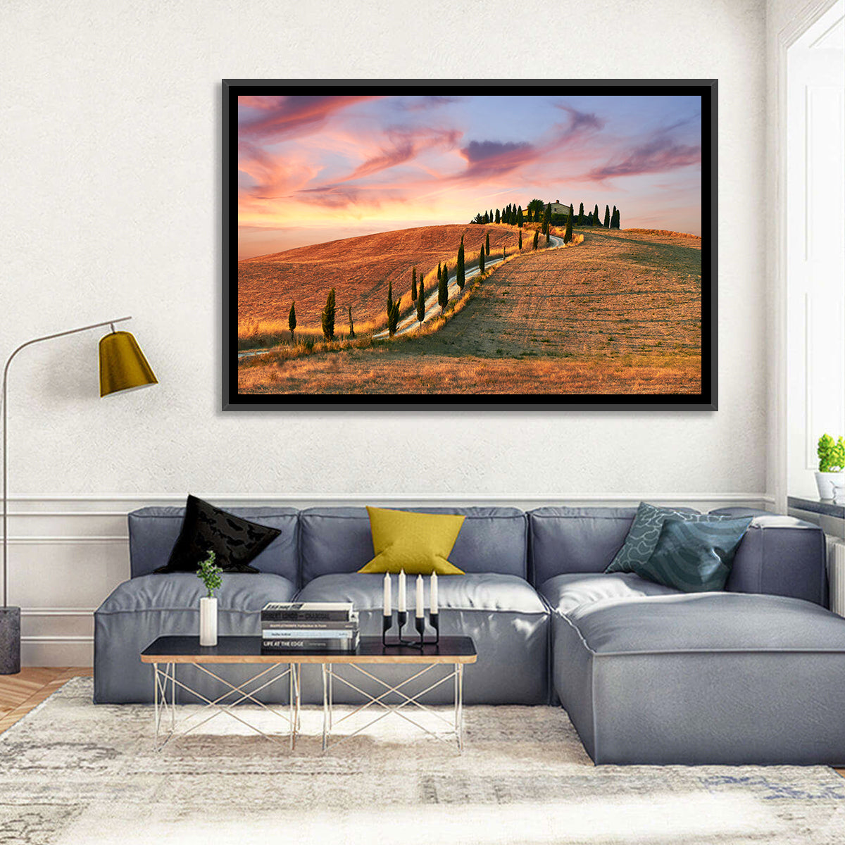 Tuscan Hilltop Road at Dusk Wall Art in a room, landscape