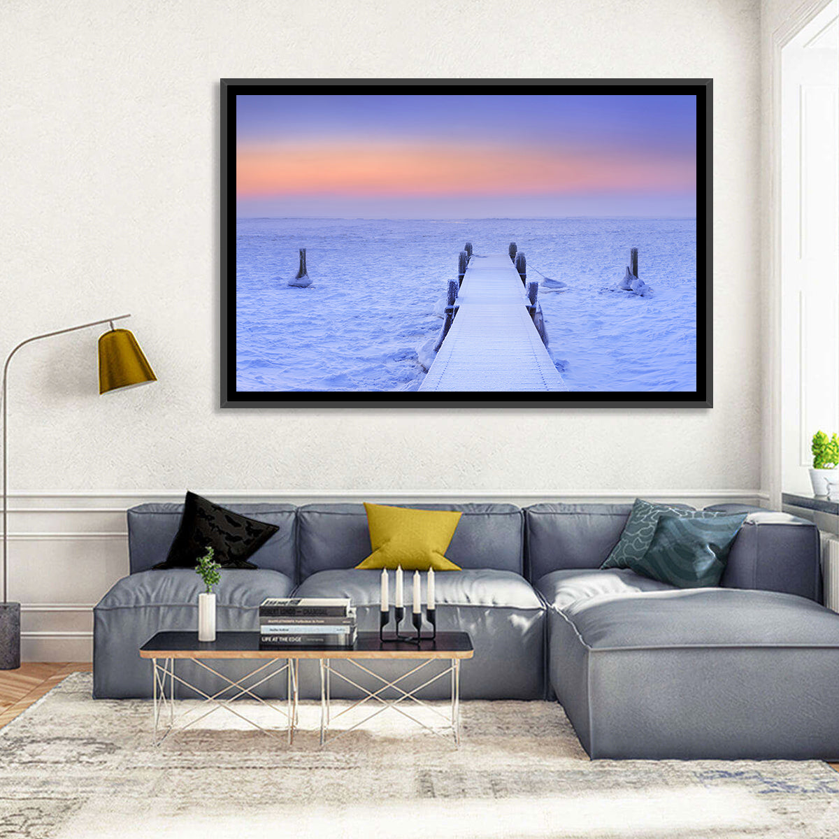 Frosted Jetty at Sunrise Wall Art in a room, landscape