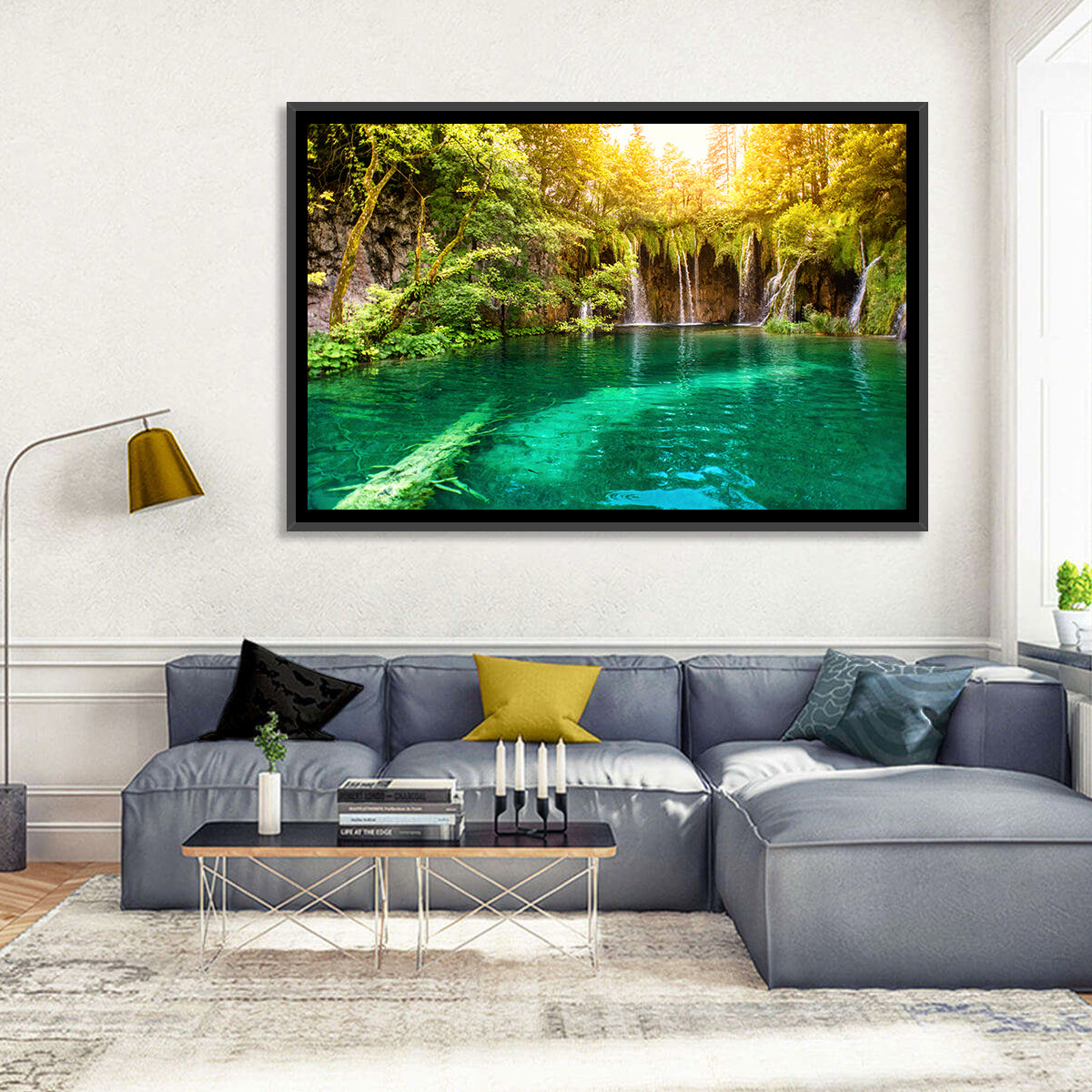 Plitvice Lake Waterfall Wall Art in a room, landscape