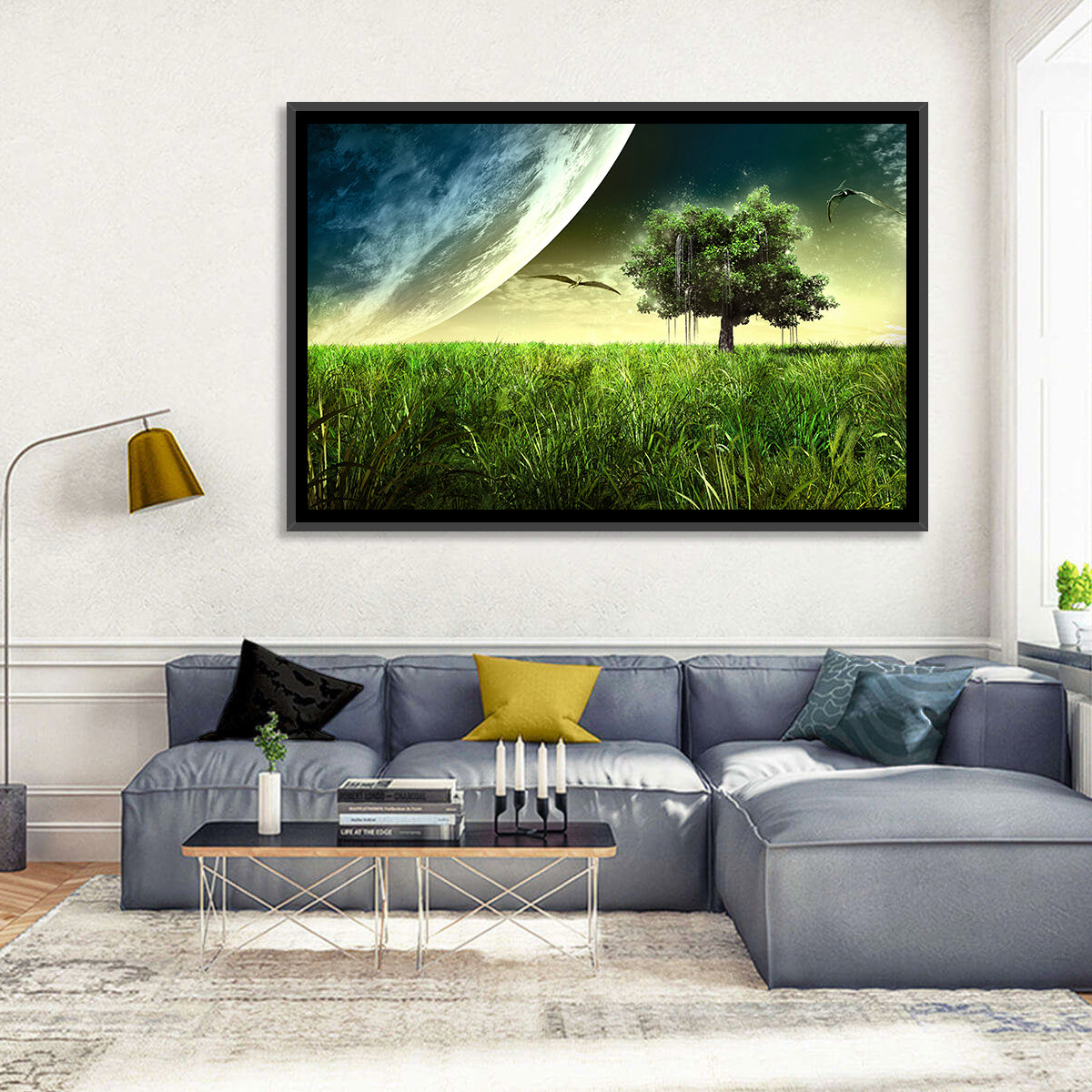 Alien Meadow Under a Giant Planet Wall Art in a room, landscape