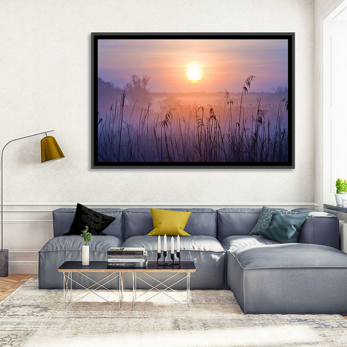 Lavender Sunrise Over Reeds Wall Art in a room, landscape