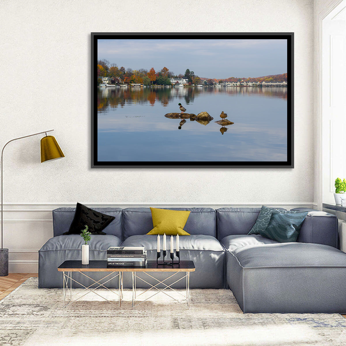 Lake Hopatcong Autumn Reflection Wall Art in a room, landscape