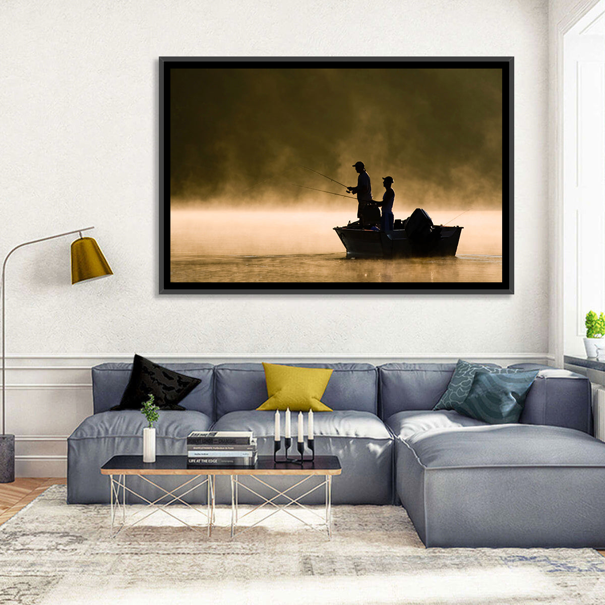 Misty Lake Fishing Wall Art in a room, landscape