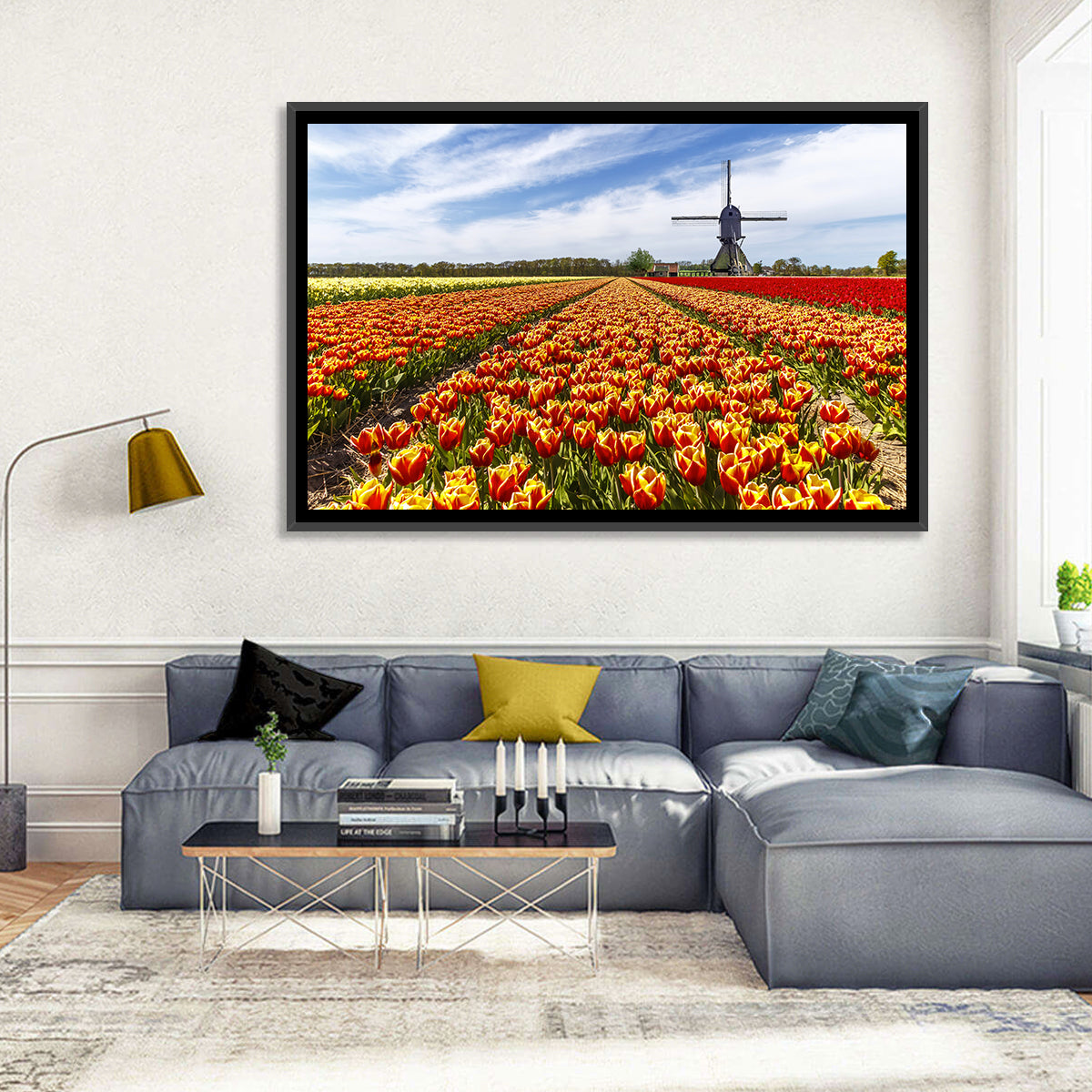 Windmill Over Tulip Fields Wall Art in a room, landscape