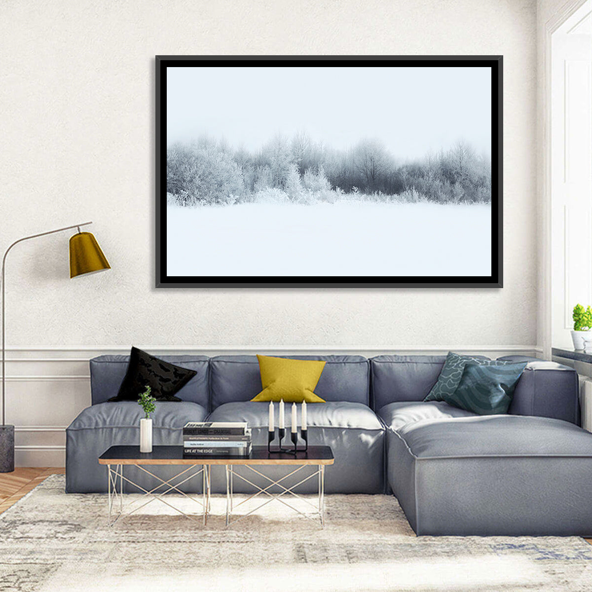 Frosted Winter Forest Wall Art in a room, landscape