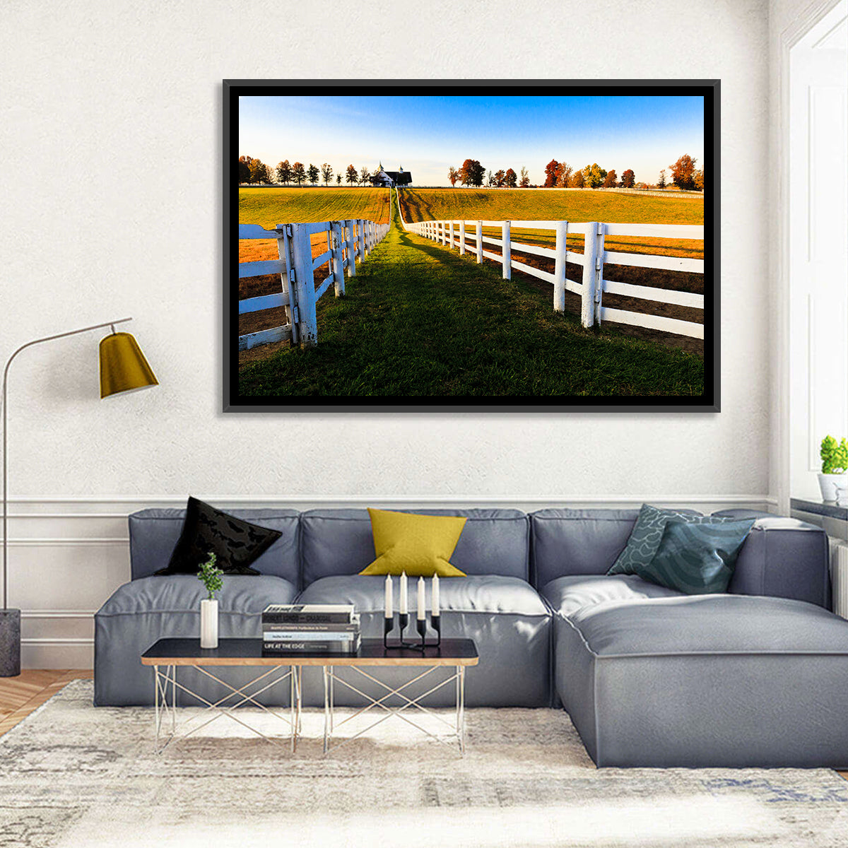 Kentucky Horse Farm at Golden Hour Wall Art in a room, landscape