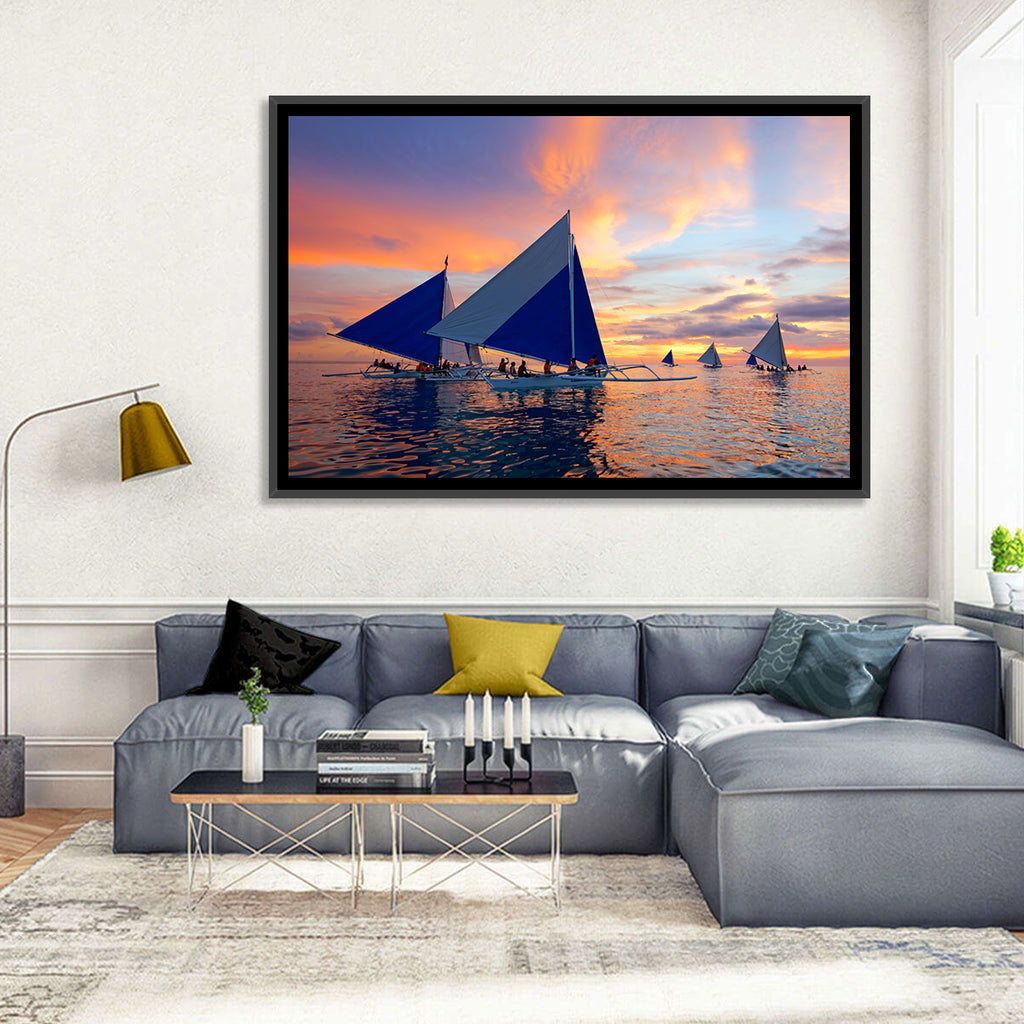Outrigger Sailboats at Sunset Wall Art