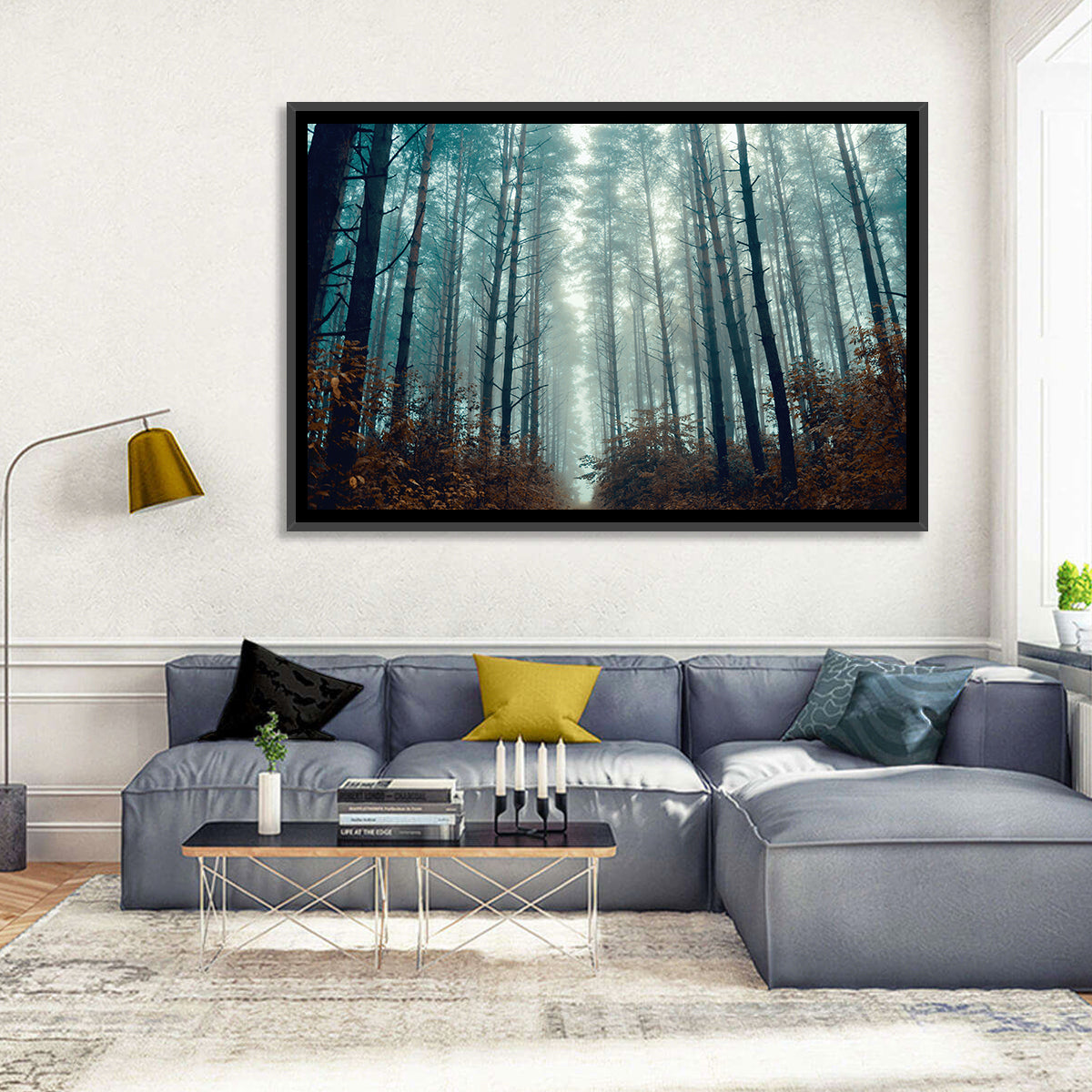 Misty Pine Forest Wall Art in a room, landscape