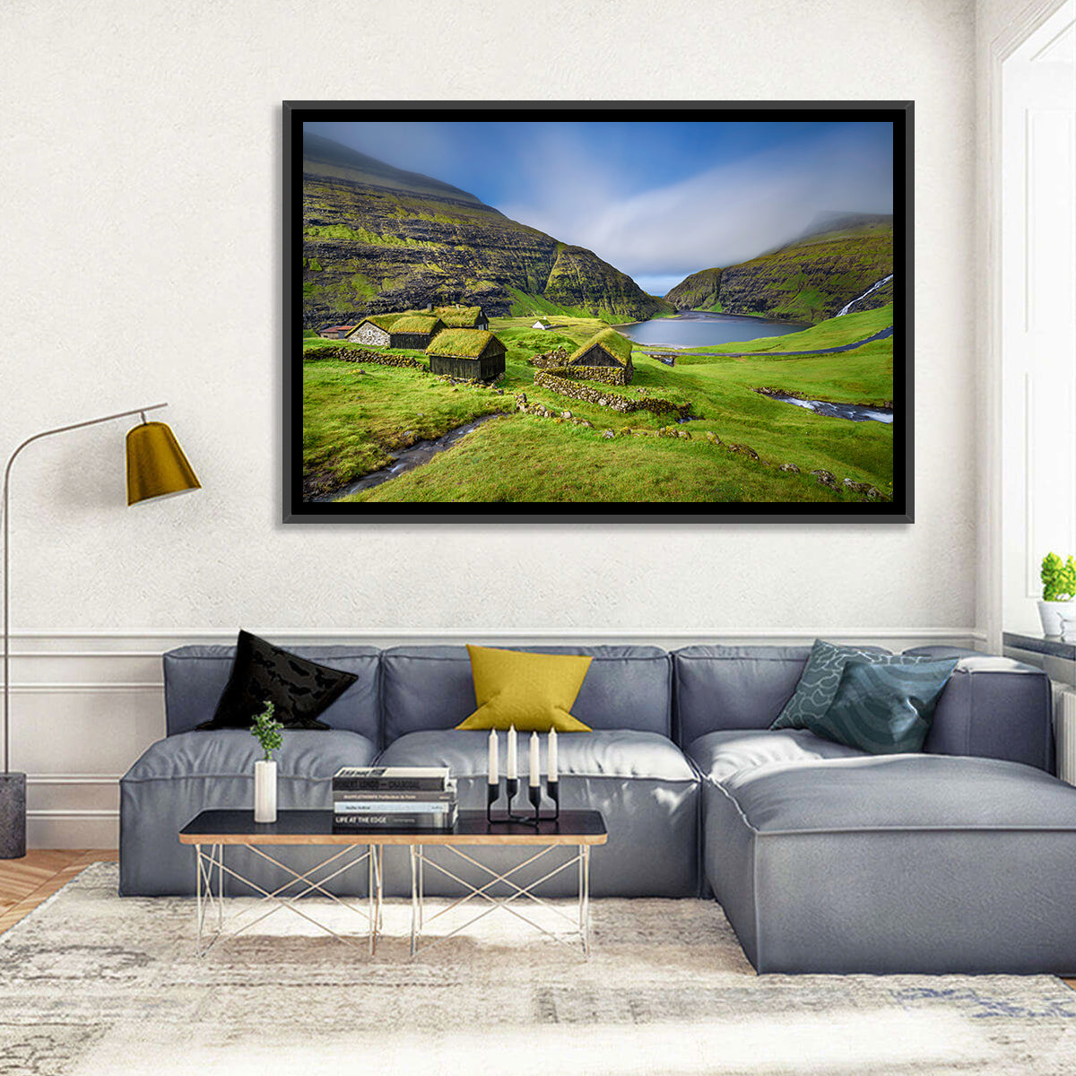 Saksun Turf Roof Cabins Wall Art in a room, landscape