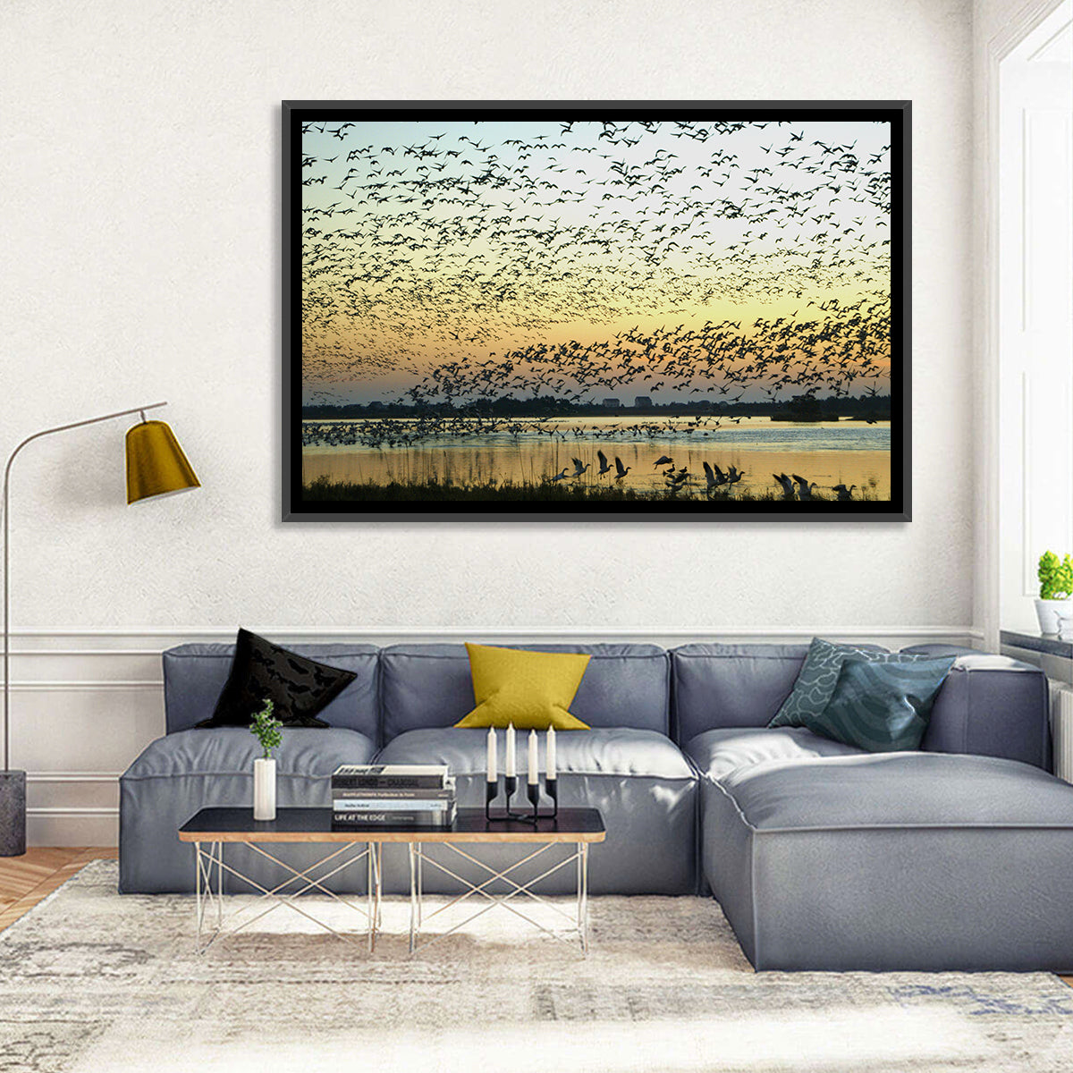 Snow Geese Over River Wall Art in a room, landscape