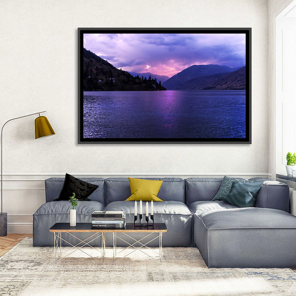 Lake Chelan Violet Sunset Wall Art in a room, landscape