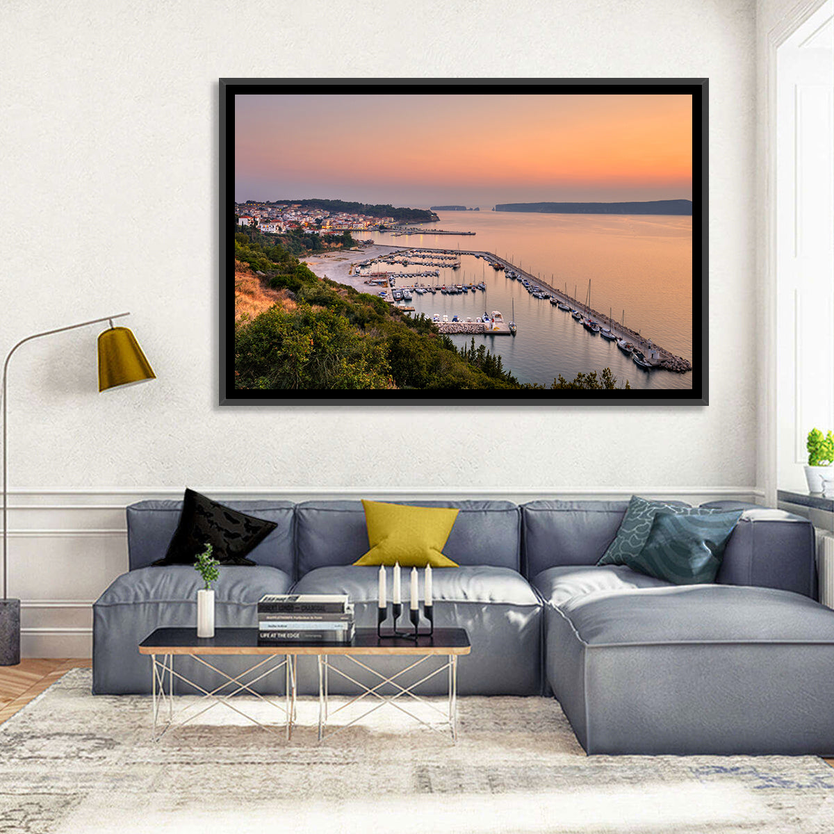 Pylos Harbor Lighthouse Sunset Wall Art in a room, landscape