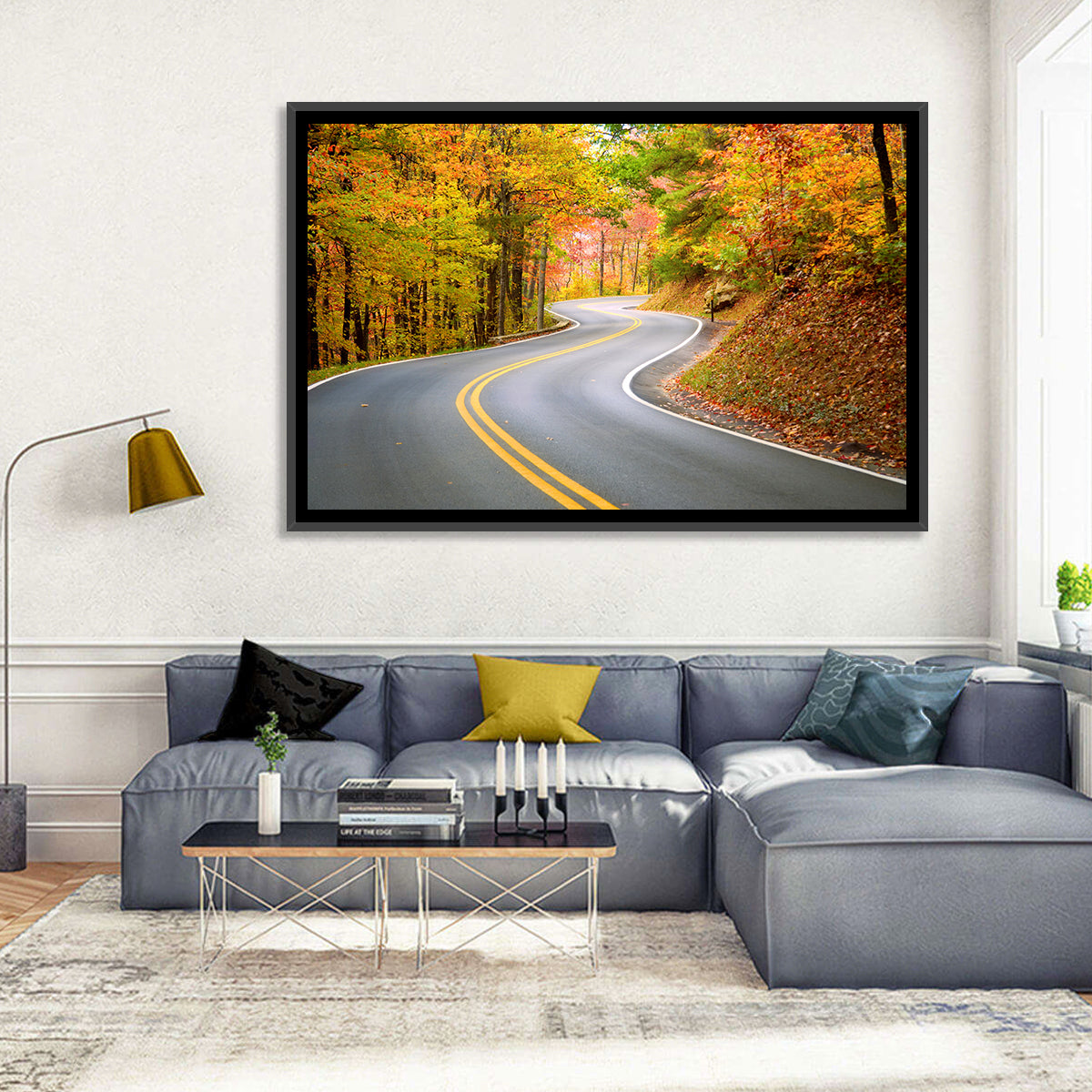 Winding Autumn Road Wall Art in a room, landscape
