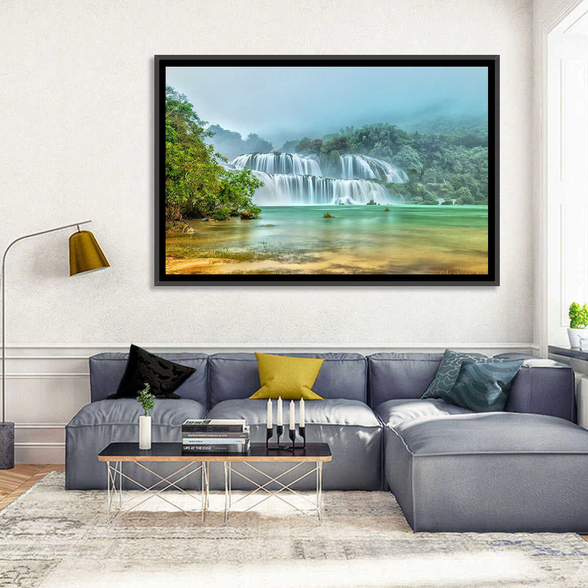 Ban Gioc Waterfalls Misty Morning Wall Art in a room, landscape