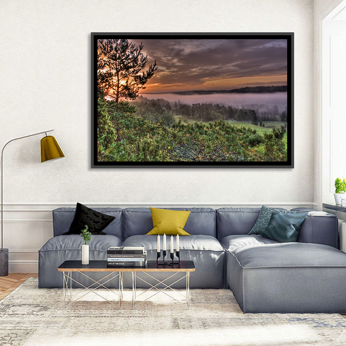 Misty Swedish Pine Valley Wall Art in a room, landscape