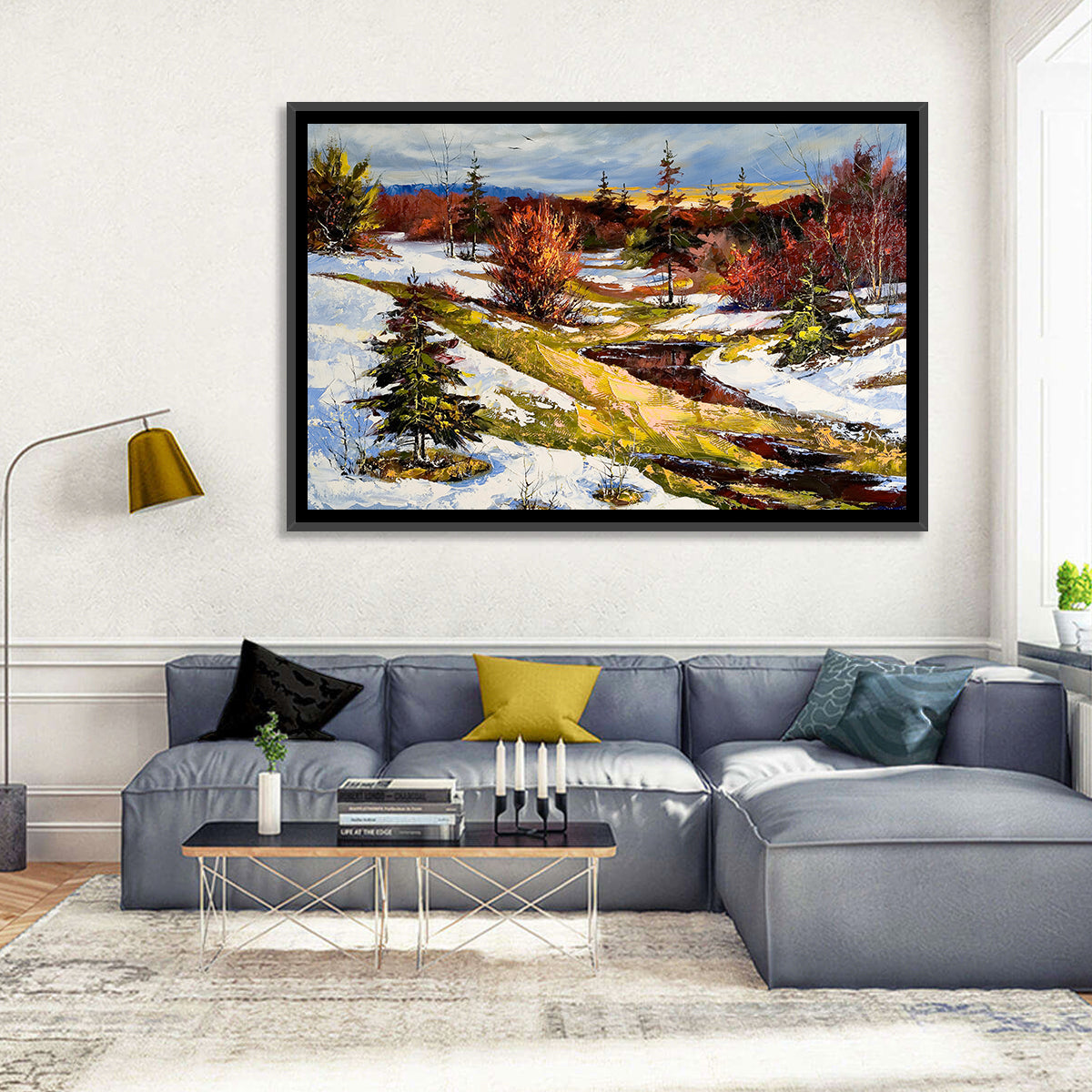 Snowy Stream Through Evergreens Wall Art in a room, landscape