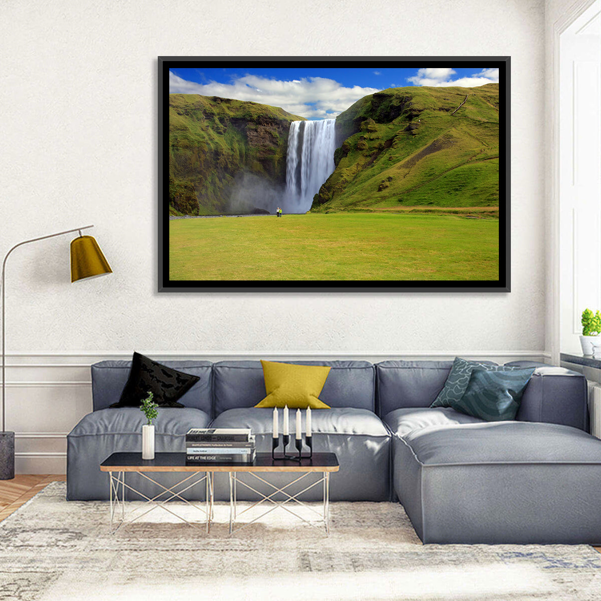 Skógafoss Waterfall Wall Art in a room, landscape