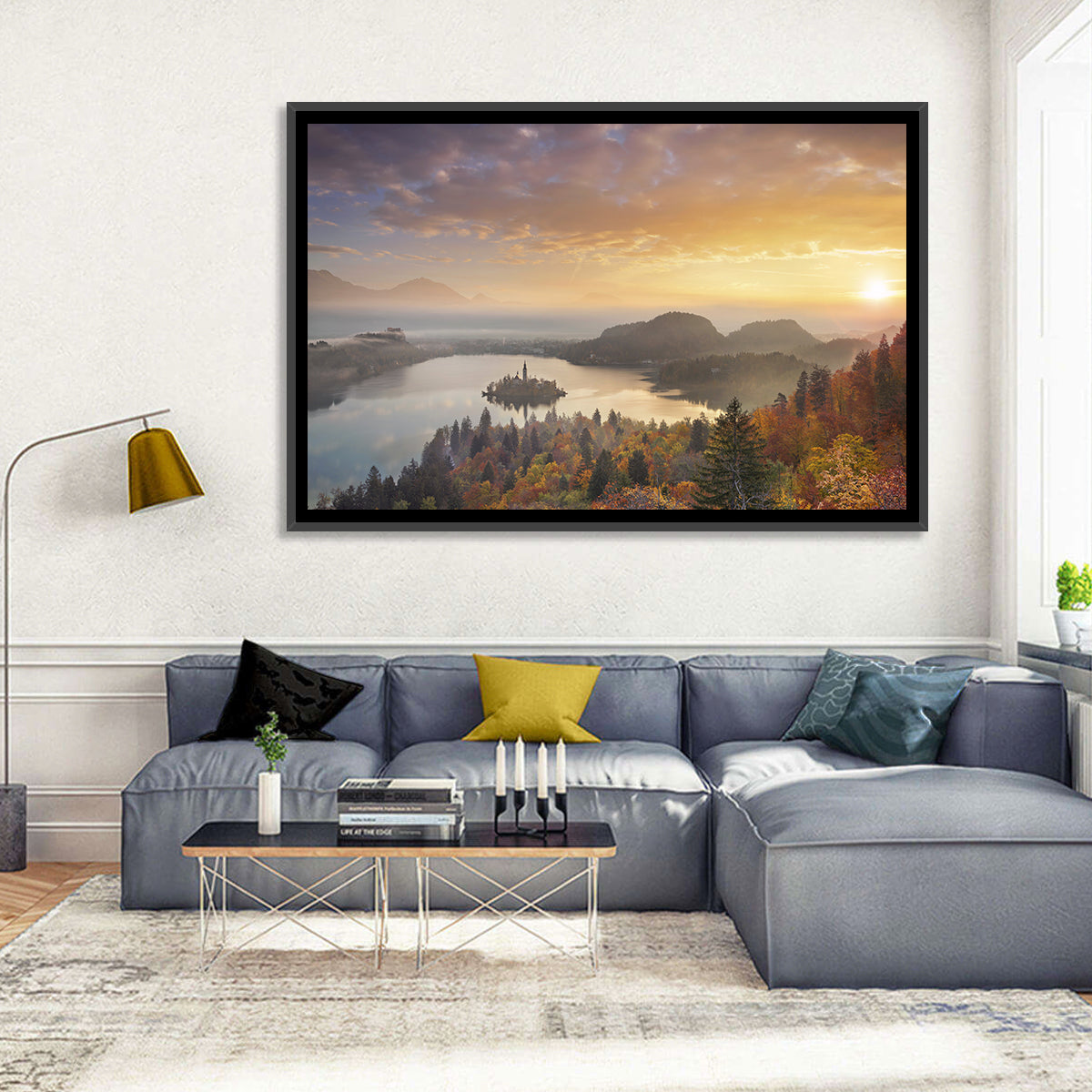 Autumn Morning at Lake Bled Wall Art in a room, landscape