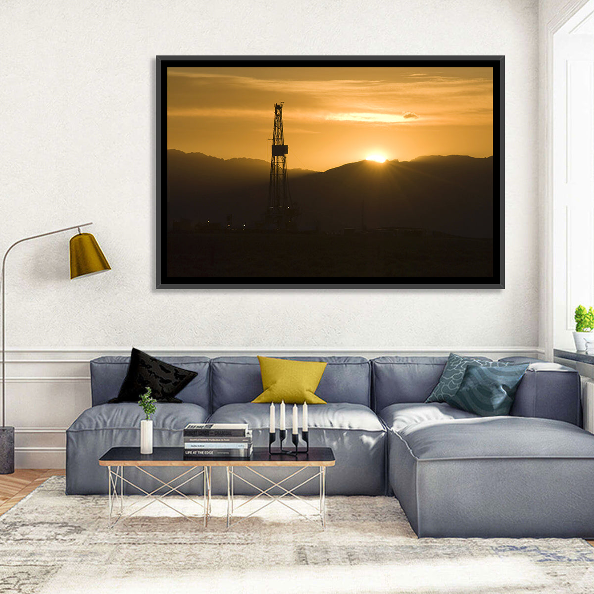 Sunrise Over Drilling Rig Wall Art in a room, landscape