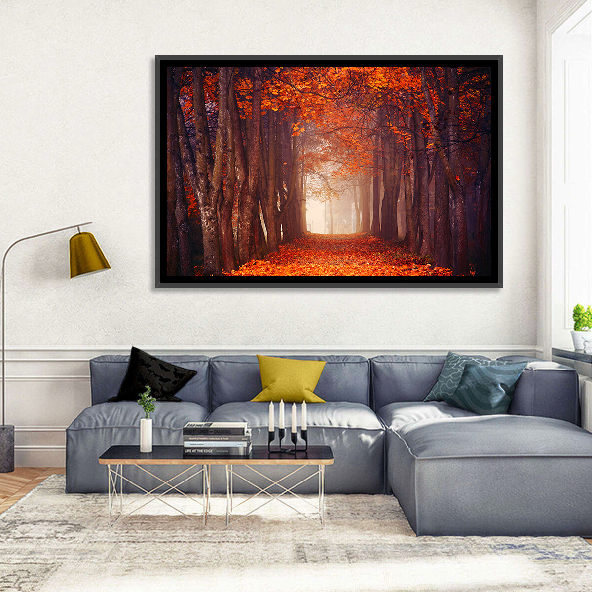 Misty Autumn Forest Path Wall Art in a room, landscape