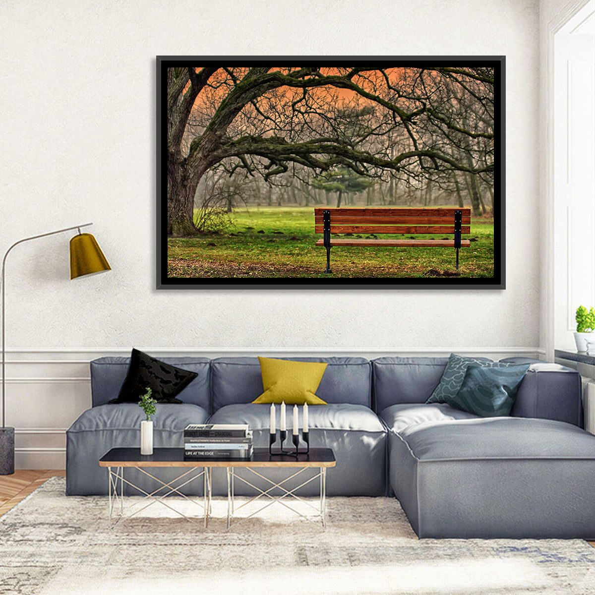 Misty Autumn Park Bench Wall Art in a room, landscape
