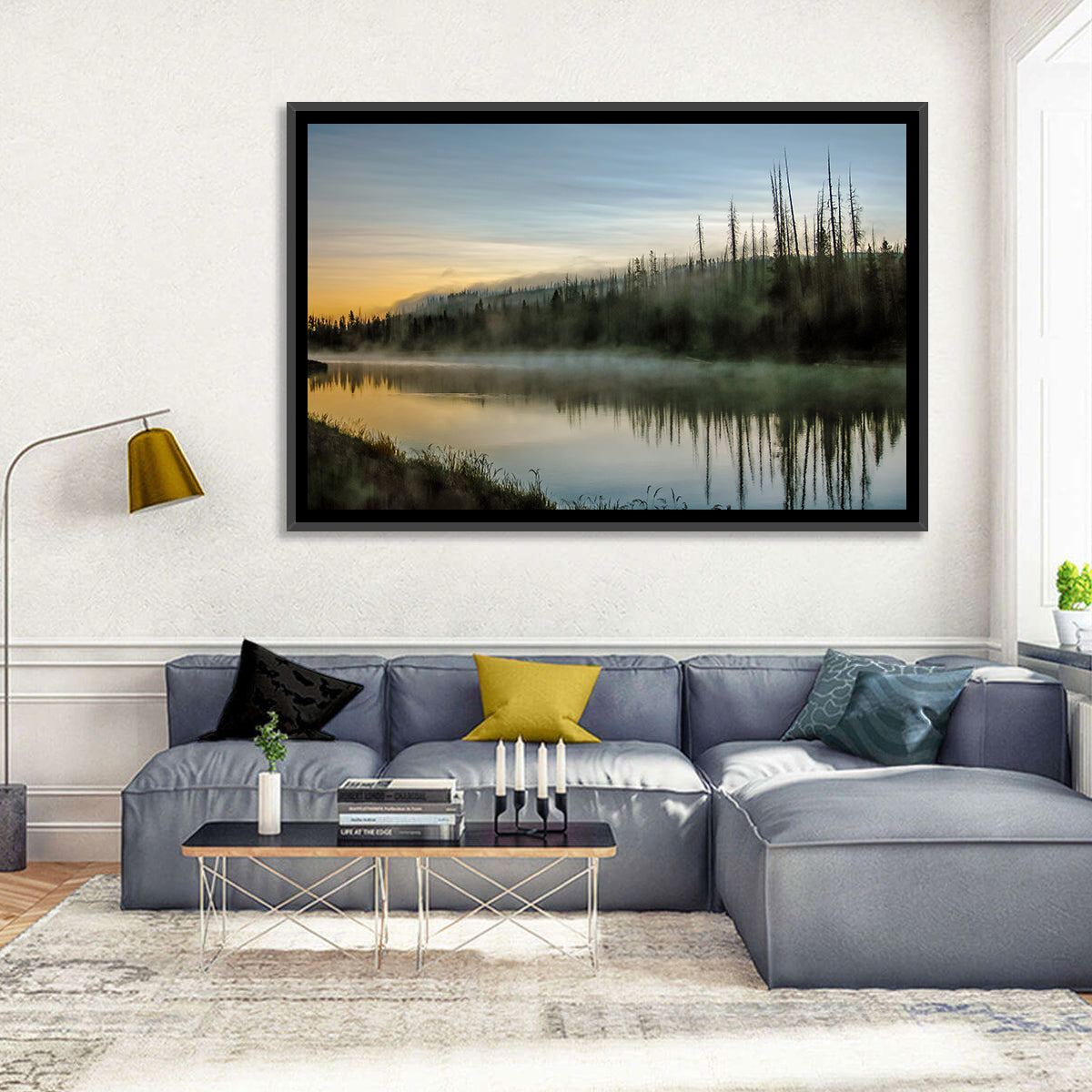 Yellowstone River Morning Mist Wall Art in a room, landscape