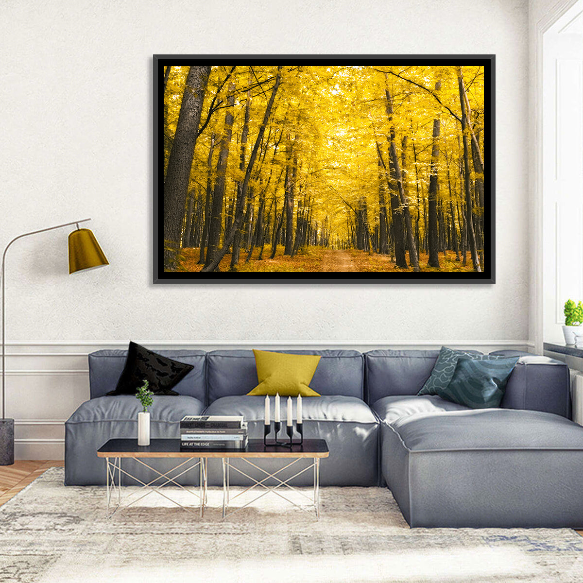 Yellow Autumn Forest Path Wall Art in a room, landscape