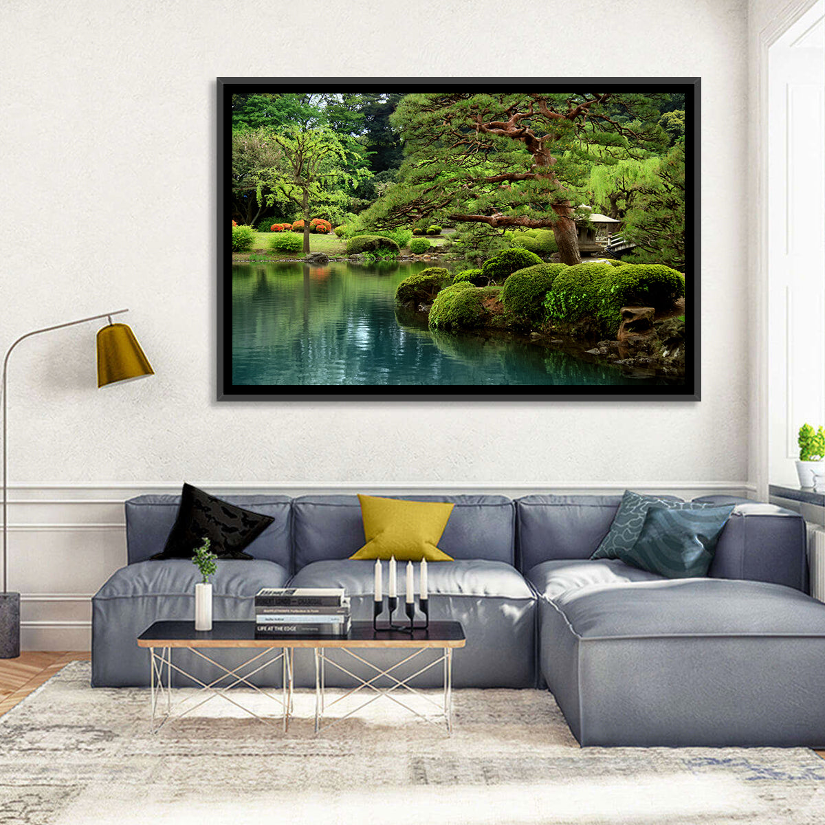 Bonsai Pine Over Tranquil Pond Wall Art in a room, landscape
