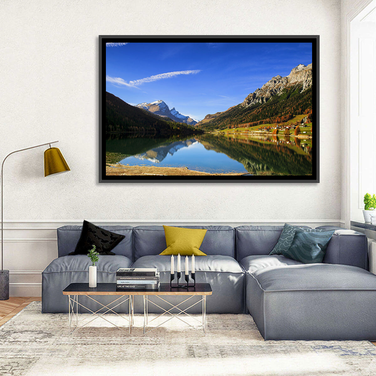Lake Sils Morning Reflection Wall Art in a room, landscape