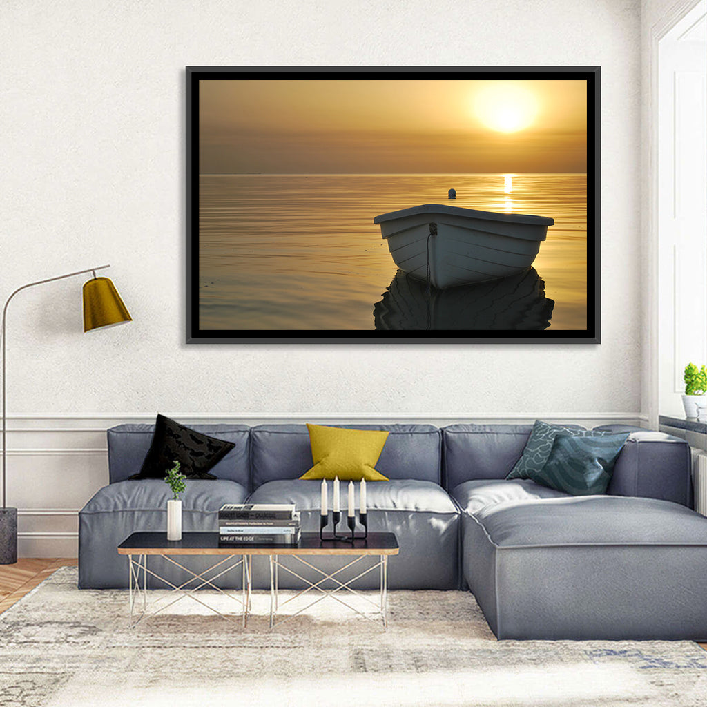 White Rowboat on Golden Sea Wall Art