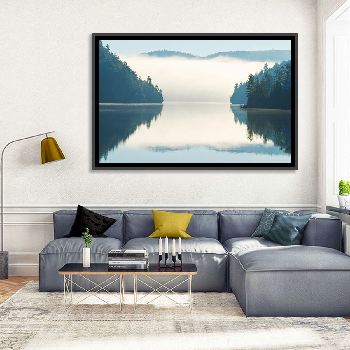 Foggy Lake Morning Wall Art in a room, landscape