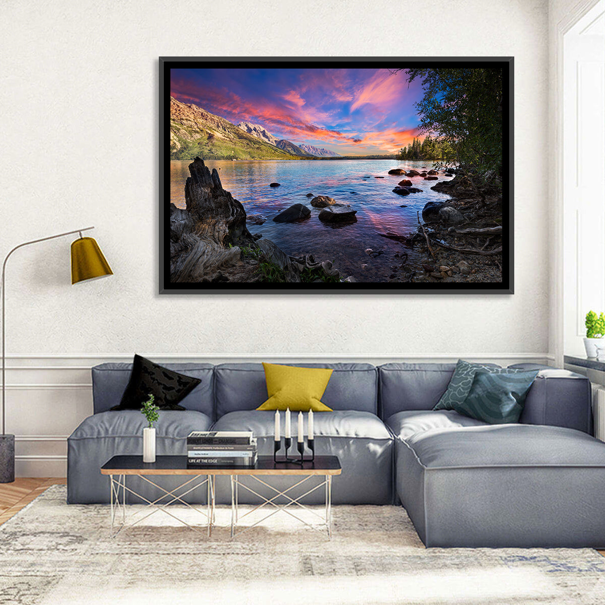 Jenny Lake Sunset Wall Art in a room, landscape