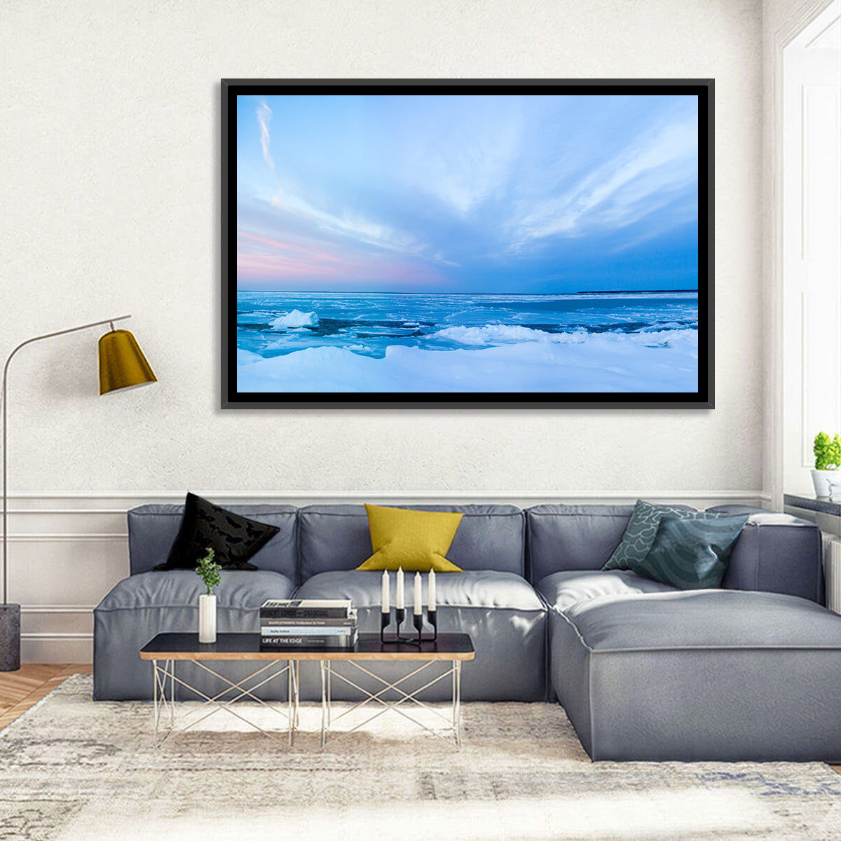 Frozen Blue Seascape Wall Art in a room, landscape